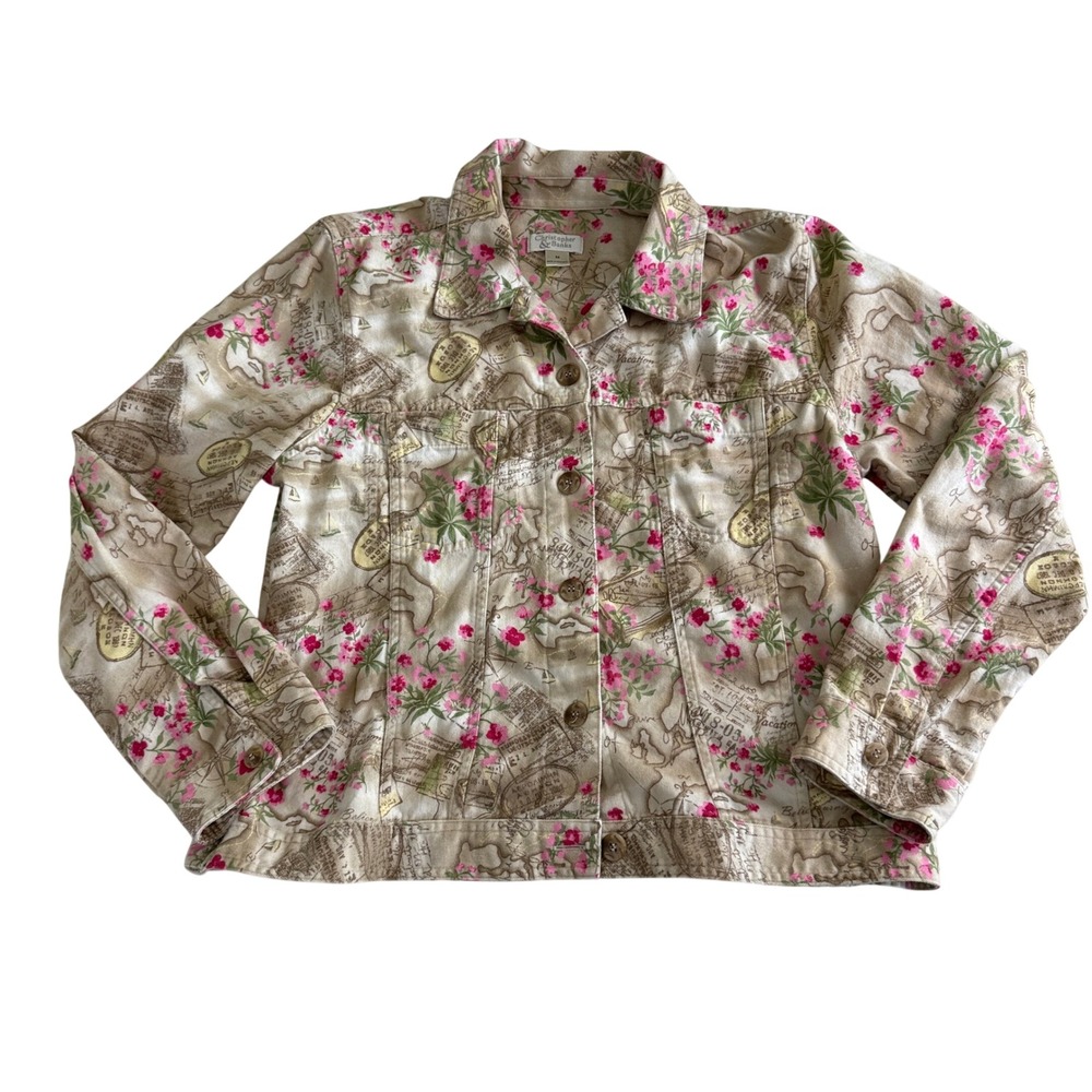 Christopher & Banks Travel Map Floral Jacket Y2K Passport Stamp Cotton Medium